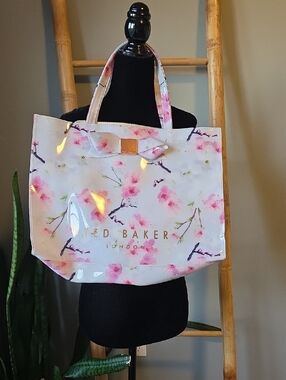 Ted Baker Pink Floral Patent Tote with Bow Accent